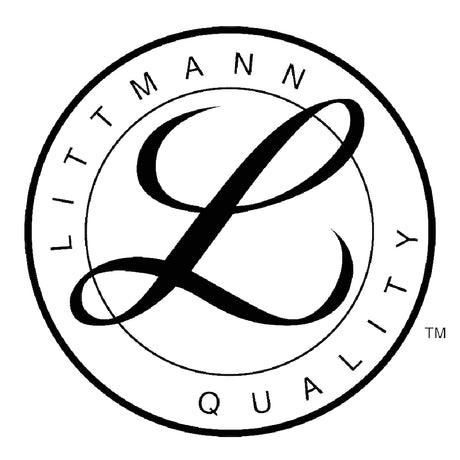 Schwarzes und weißes Littmann Qualitätslogo mit einem großen kursiven L in der Mitte eines kreisförmigen Designs.