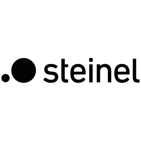 Schwarzer Punkt und das Wort steinel in schwarzen Kleinbuchstaben auf weißem Hintergrund.