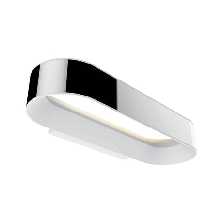 Moderne, ovale, weiße Wandleuchte mit schlichtem, minimalistischem Design auf weißem Hintergrund.