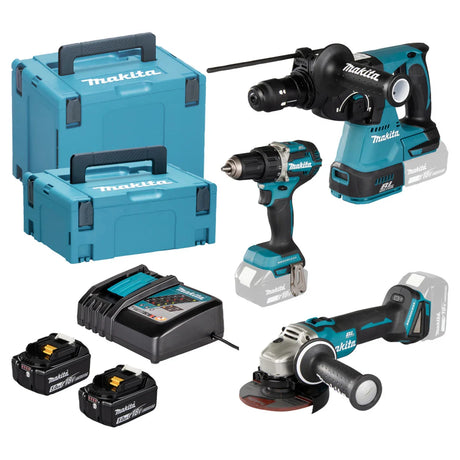 Makita Akku-Werkzeugset mit Bohrmaschine, Schleifmaschine, Ladegerät, Akkus und zwei blauen Transportkoffern.