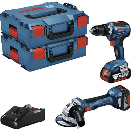 Bosch-Elektrowerkzeugset mit zwei blauen Koffern, einer Bohrmaschine, einem Schleifer und einem Batterieladegerät.