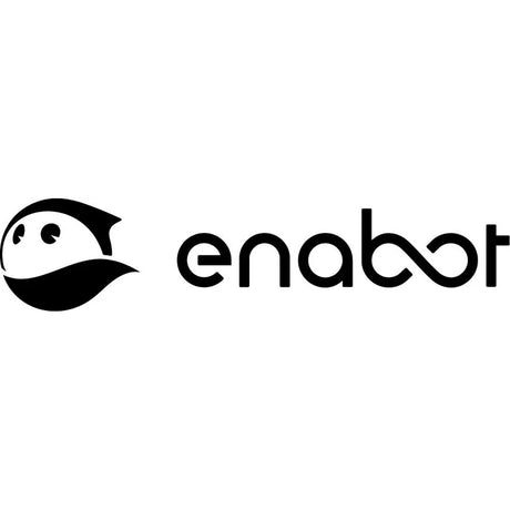 Schwarz-weißes enabot-Logo mit einem stilisierten, lächelnden Robotergesicht und einem Unendlichkeitssymbol im Text.