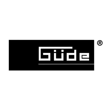 Schwarzes Güde-Logo mit geometrischem weißem Text und einem Umlaut innerhalb eines schwarzen Rechtecks auf weißem Hintergrund.