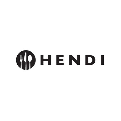 HENDI-Logo mit Gabel, Messer und Löffel in einem schwarzen Kreis, daneben der Markenname in fetten Buchstaben.