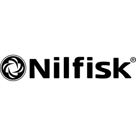 Nilfisk-Logo mit einem kreisförmigen, wirbelnden Symbol auf der linken Seite des fetten schwarzen Textes Nilfisk auf weißem Hintergrund.