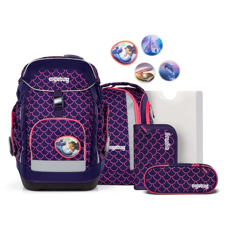 Set mit lila und rosa Meerjungfrauenmustern für den Schulbedarf, einschließlich Rucksack, Mappen und Beutel.