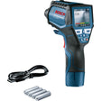 Die Bosch Thermodetektor GIS 1000 C Professional Infrarot-Thermometer-Pistole von Bosch wird mit einem Display, USB-Kabel und vier AA-Batterien geliefert und ist ideal für Temperatur- und Feuchtigkeitsmessungen.