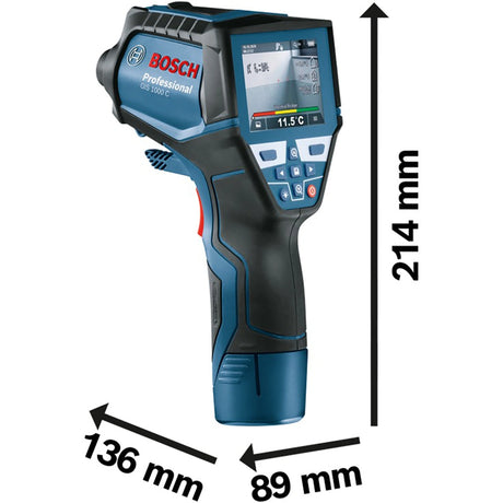 Der Bosch Thermodetektor GIS 1000 C Professional von Bosch bietet eine präzise Temperatur- und Feuchtemessung mit Bildschirm und Tasten und misst 214 mm in der Höhe, 136 mm in der Länge und 89 mm in der Breite.