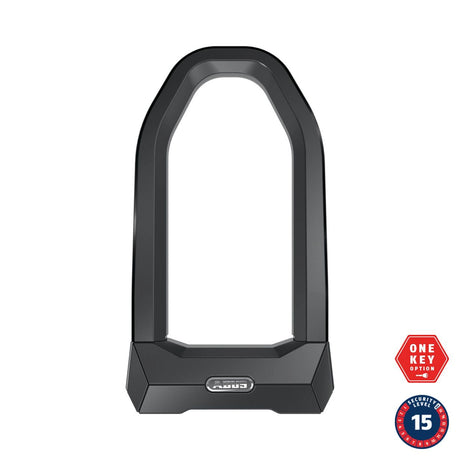 Das ABUS Granit Super Extreme 2500 ist ein schwarzes Fahrradschloss von ABUS mit einer rechteckigen Basis und einer Zertifizierungsplakette in der rechten unteren Ecke.