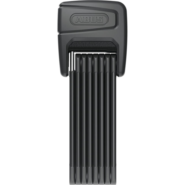 Ein schwarzes ABUS Faltschloss BORDO ONE™ 6000A/120 - Smartes Schloss mit Alarmfunktion wird ausgefahren vor einem weißen Hintergrund gezeigt.