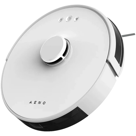 Der AENO RC2S Saugroboter ist ein weißer, runder Staubsaugerroboter mit Tasten, einem oben angebrachten Sensor und fortschrittlicher LiDAR-Navigation für eine präzise Reinigung.