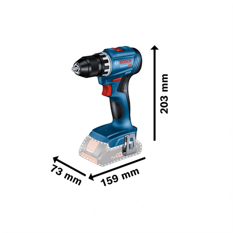 Das Bosch Professional Akku-Bohrschrauber-Set "GSR 18V-45" von Bosch verfügt über einen bürstenlosen Motor und misst 203 mm in der Höhe, 159 mm in der Tiefe und 73 mm in der Breite, abgebildet auf weißem Grund.
