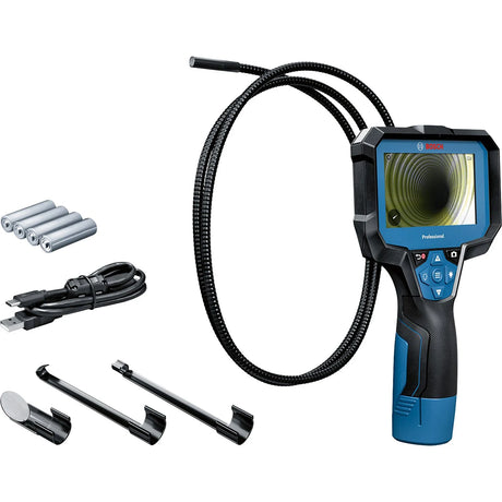 Die Bosch Professional GIC 12V-4-23 C Akku-Inspektionskamera verfügt über ein Display, ein flexibles Kabel, Batterien, ein USB-Kabel und drei Aufsätze - perfekt für präzise Inspektionen. Entdecken Sie die vielseitige Inspektionslösung von Bosch.