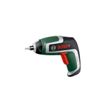 Bosch Akku-Schrauber IXO 7, 3,6 V 2 Ah mit grün-schwarzem Gehäuse, rotem Auslöser und langlebiger Lithium-Ionen-Batterie vor weißem Hintergrund.