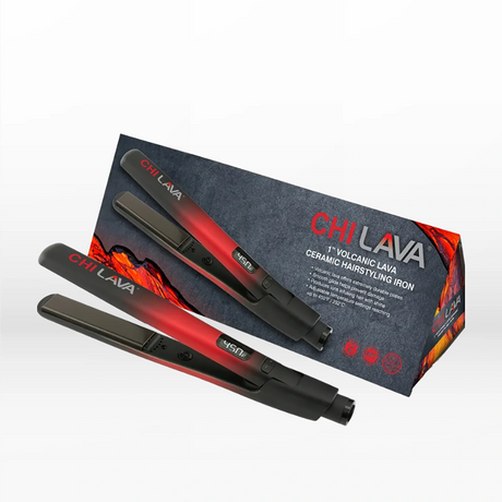 Das CHI Lava 2.0 Hairstyling Iron von CHI in Rot und Schwarz ist mit seiner Verpackungsbox auf weißem Hintergrund abgebildet.