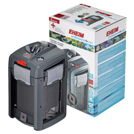 Ein grauer EHEIM professionel 4+ Außenfilter 250, perfekt für Süßwasser-Aquarien, steht neben seiner bunten Schachtel mit EHEIM Schriftzug und Notfall-Regelfunktion Xtender.