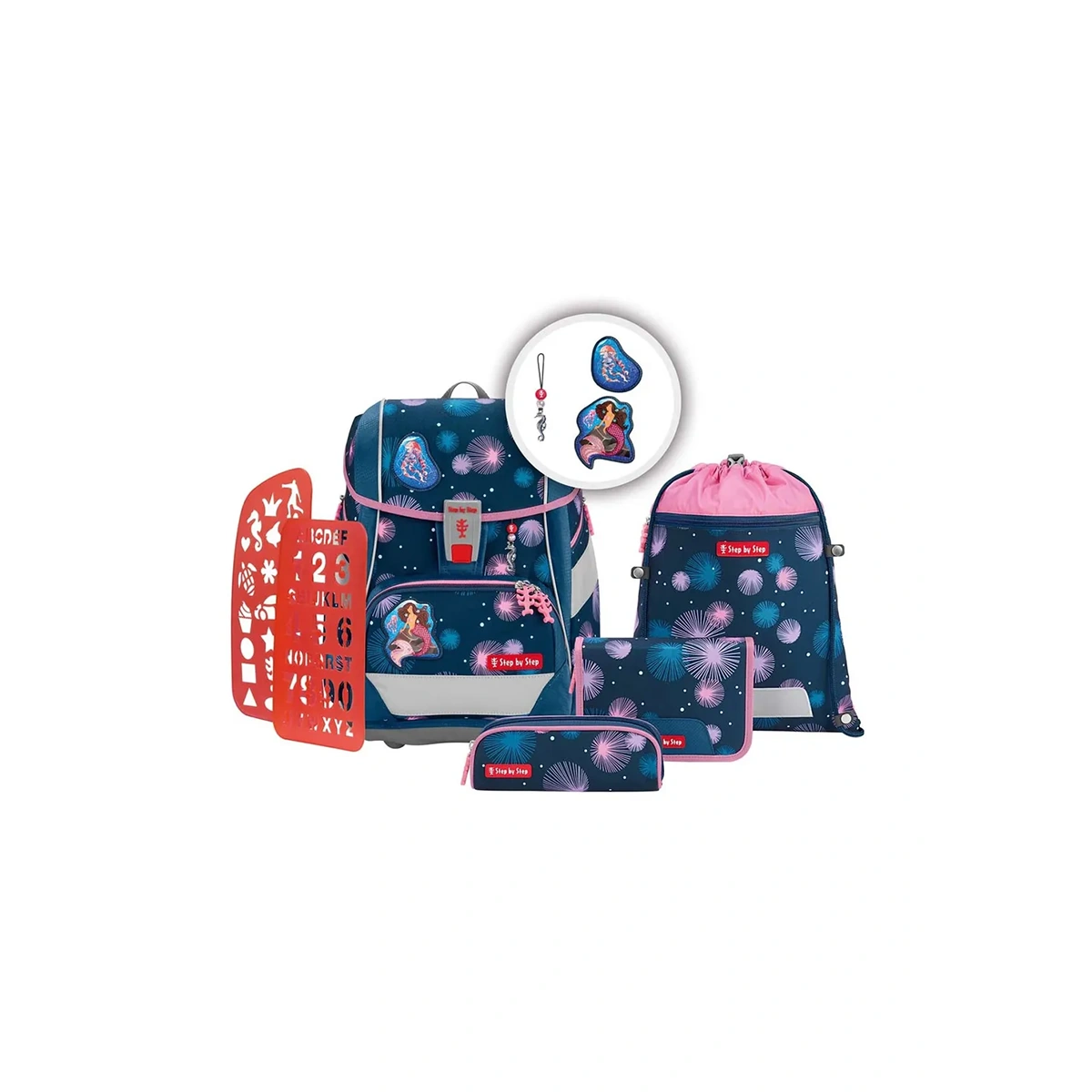 Das Step by Step 2IN1 PLUS Ranzen-Set "Meerjungfrau Delia" (6-teilig) enthält passende Beutel, Turnbeutel, Stecknadeln und ein rotes Schablonenblatt - und verbindet damit Stil und ergonomischen Komfort für den Schulalltag.