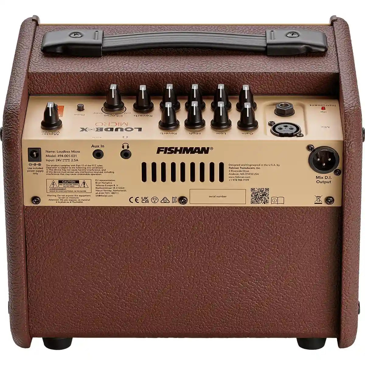 Rückansicht des Fishman Loudbox Akustikverstärkers von Fishman mit Reglern, Eingangsbuchsen und einem schwarzen Griff - perfekt für Akustikgitarristen.