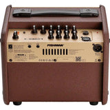Rückansicht des Fishman Loudbox Akustikverstärkers von Fishman mit Reglern, Eingangsbuchsen und einem schwarzen Griff - perfekt für Akustikgitarristen.