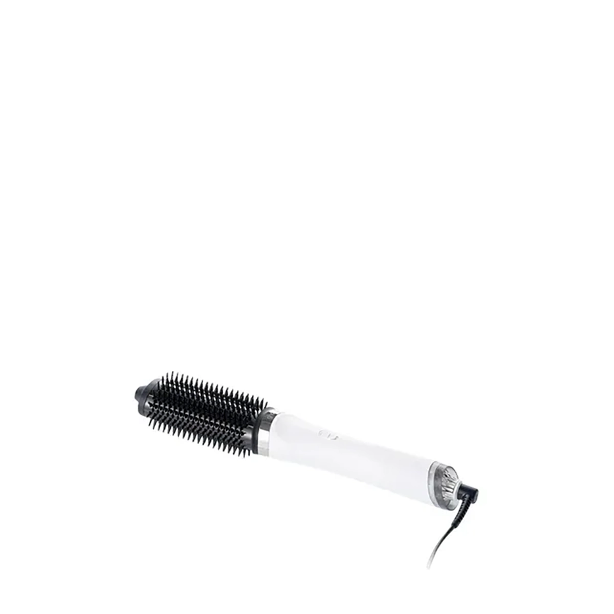 Die ghd duet blowdry Haartrocknerbürste in Weiß von ghd, mit schwarzen Borsten und Netzkabel, ist auf einem schlichten weißen Hintergrund abgebildet.