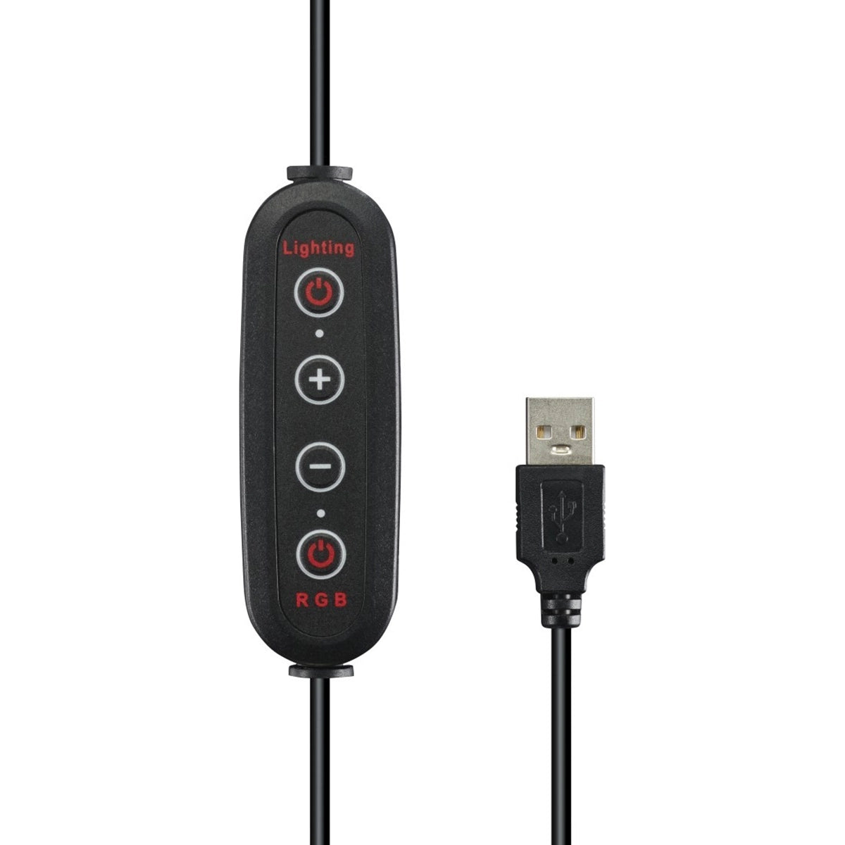 Eine schwarze Inline-Fernbedienung mit vier Tasten - Beleuchtung, Plus, Minus und RGB - ist an einem USB-A-Kabel befestigt. Sie ist ideal, um Ihr Hama LED-RGB-Ringleuchte SpotLight FoldUp RGB einzustellen und jedes RGB-Fotostudio-Setup zu verbessern.