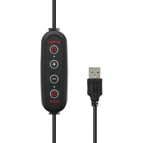 Eine schwarze Inline-Fernbedienung mit vier Tasten - Beleuchtung, Plus, Minus und RGB - ist an einem USB-A-Kabel befestigt. Sie ist ideal, um Ihr Hama LED-RGB-Ringleuchte SpotLight FoldUp RGB einzustellen und jedes RGB-Fotostudio-Setup zu verbessern.