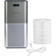 Der Genius INVICTUS Air P7 Luftreiniger - Grau von INVICTUS verfügt über eine Digitalanzeige, einen zylindrischen HEPA-13-Filter, ein grau-weißes Design und ein weißes Netzkabel.