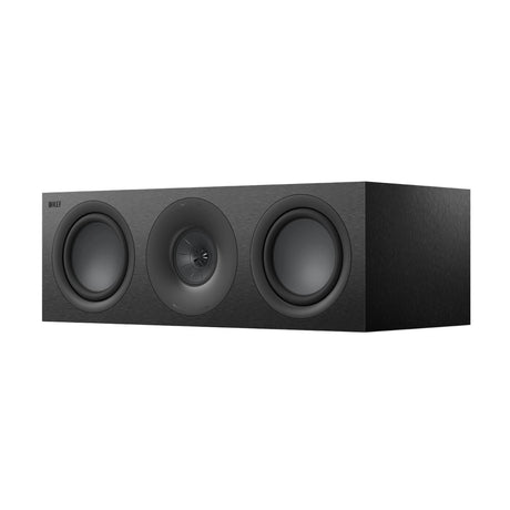 Der KEF Q6 Meta Center-Lautsprecher von KEF ist ein schwarzer, rechteckiger Lautsprecher mit drei runden Fronttreibern und fortschrittlicher Uni-Q-Treibertechnologie für herausragende Klangqualität.