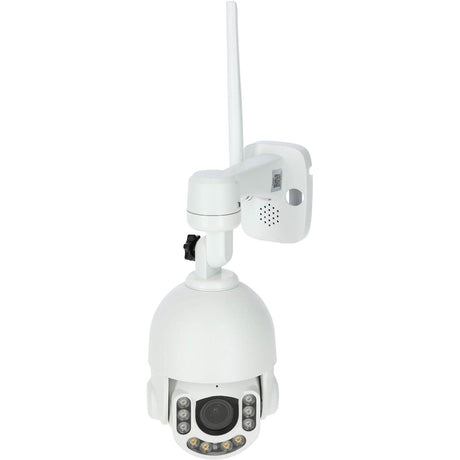 Die Kerbl IPCam SIM FHD ist eine weiße Dome-Sicherheitskamera mit Antenne und Wandhalterung, die über mehrere LEDs um das Objektiv herum verfügt - ideal für die Videoüberwachung von Ställen. Sie bietet flexible Anschlussmöglichkeiten mit einem SIM-Karten-Slot. Marke: Kerbl.
