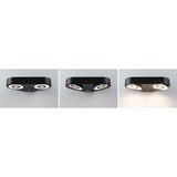 Die Paulmann Silma LED-Außenwandleuchte, eine schwarze, rechteckige Außenwandleuchte, lässt sich in drei Ansichten darstellen: ausgeschaltet, eingeschaltet mit beiden kreisförmigen LEDs und eingeschaltet mit einer nach unten gerichteten LED - für eine flexible und elegante Außenbeleuchtung.