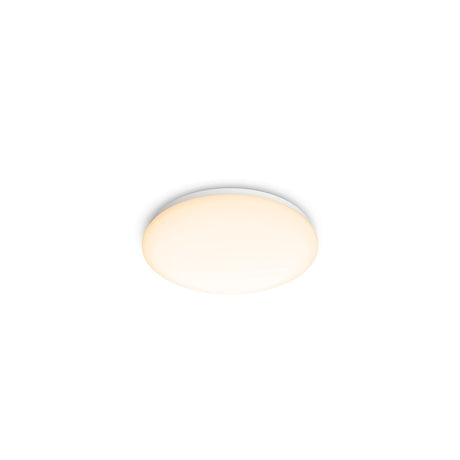 Die Philips Moire Deckenleuchte, 17 W ist eine runde, an der Decke montierte LED-Lampe mit fortschrittlicher Interlaced-Optics-Technologie für eine gleichmäßige Ausleuchtung, die sanft vor einem weißen Hintergrund leuchtet.