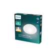 Schachtel mit Philips Moire Deckenleuchte, 17 W, runde weiße LED-Deckenleuchte mit Interlaced-Optics-Technologie von Philips; Produktdetails sind auf der Verpackung angegeben.