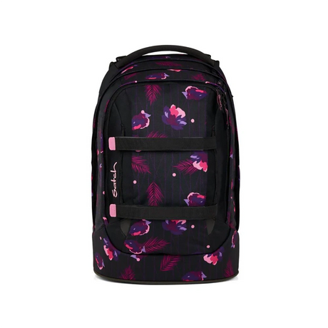 Der Satch Pack Schulranzen - Mystic Nights von Satch hat rosa und lila Blumen- und Blattmuster, zwei Riemen auf der Vorderseite, ein aufgesticktes Logo und ist aus recycelten PET-Flaschen hergestellt.