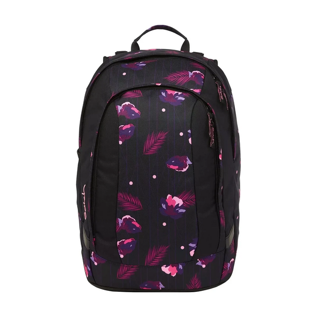 Ergonomischer, erweiterbarer Satch Match Schulrucksack - Mystic Nights: Schwarzer Rucksack von Satch mit pink-lilafarbenem Blumen- und Blättermuster auf weißem Hintergrund.