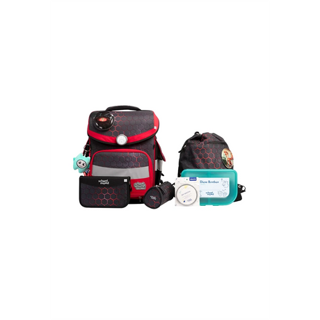 Das School-Mood Timeless Schulranzen-Set 7-teilig "Mika" von School-Mood in Rot und Schwarz beinhaltet eine Lunchbox, ein Federmäppchen, eine Trinkflasche und eine Kordeltasche, mit ergonomischem Komfort und einem frechen Drachen-Design.