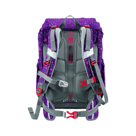Das Step by Step GIANT Schulranzen-Set "Dreamy Unicorn" (5-tlg.) zeigt einen lila Schulrucksack mit grau gepolsterten Trägern und roten Schnallen, von hinten gesehen - ideal für Einhorn-Fans.