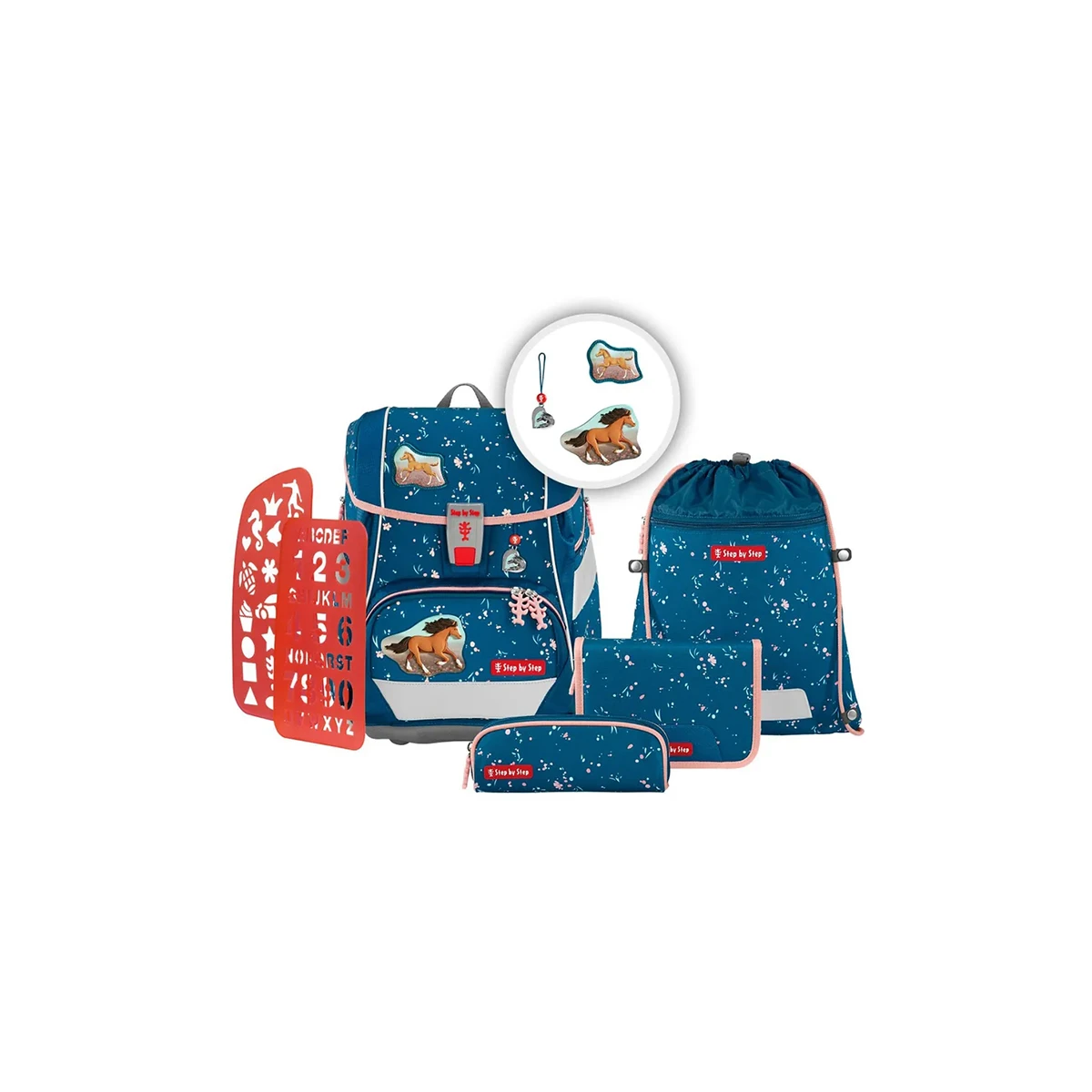 Step by Step 2IN1 PLUS Schulranzen-Set "Wild Horse Ronja" (6-tlg): Ergonomische blaue Schulranzen mit Tiermotiv, passendem Federmäppchen, Turnbeutel, Schablone und Schlüsselanhänger.