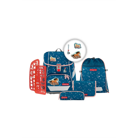 Step by Step 2IN1 PLUS Schulranzen-Set "Wild Horse Ronja" (6-tlg): Ergonomische blaue Schulranzen mit Tiermotiv, passendem Federmäppchen, Turnbeutel, Schablone und Schlüsselanhänger.