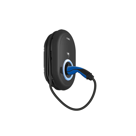 Die Vestel eCharger EVC04-AC11-T2P Wallbox (11 kW) von Vestel ist ein schwarzes, an der Wand montiertes EV-Ladegerät mit blauem Stecker und Kabel, abgebildet auf weißem Hintergrund.